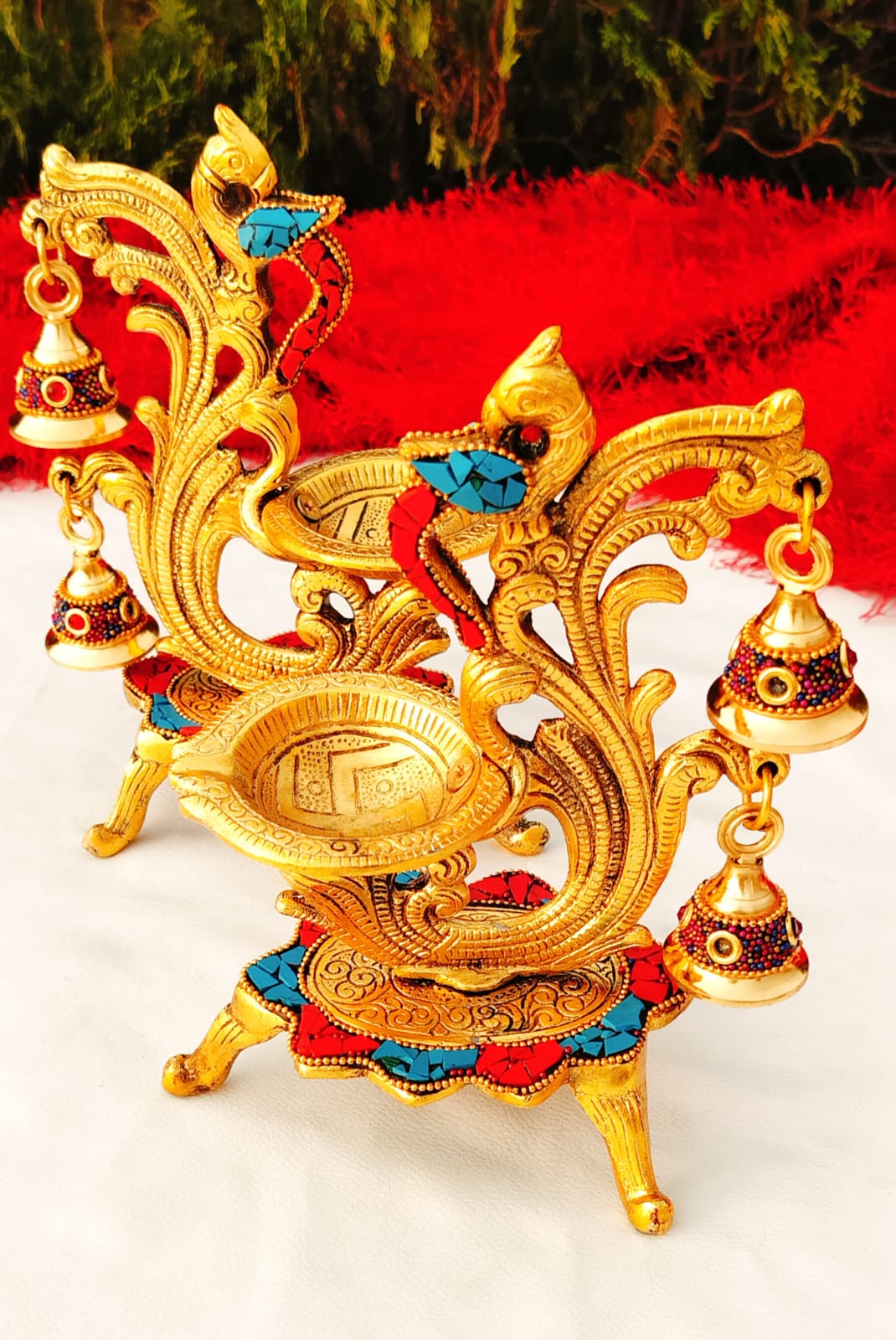  German Silver Peacock Diya Pair (Gold Plated)