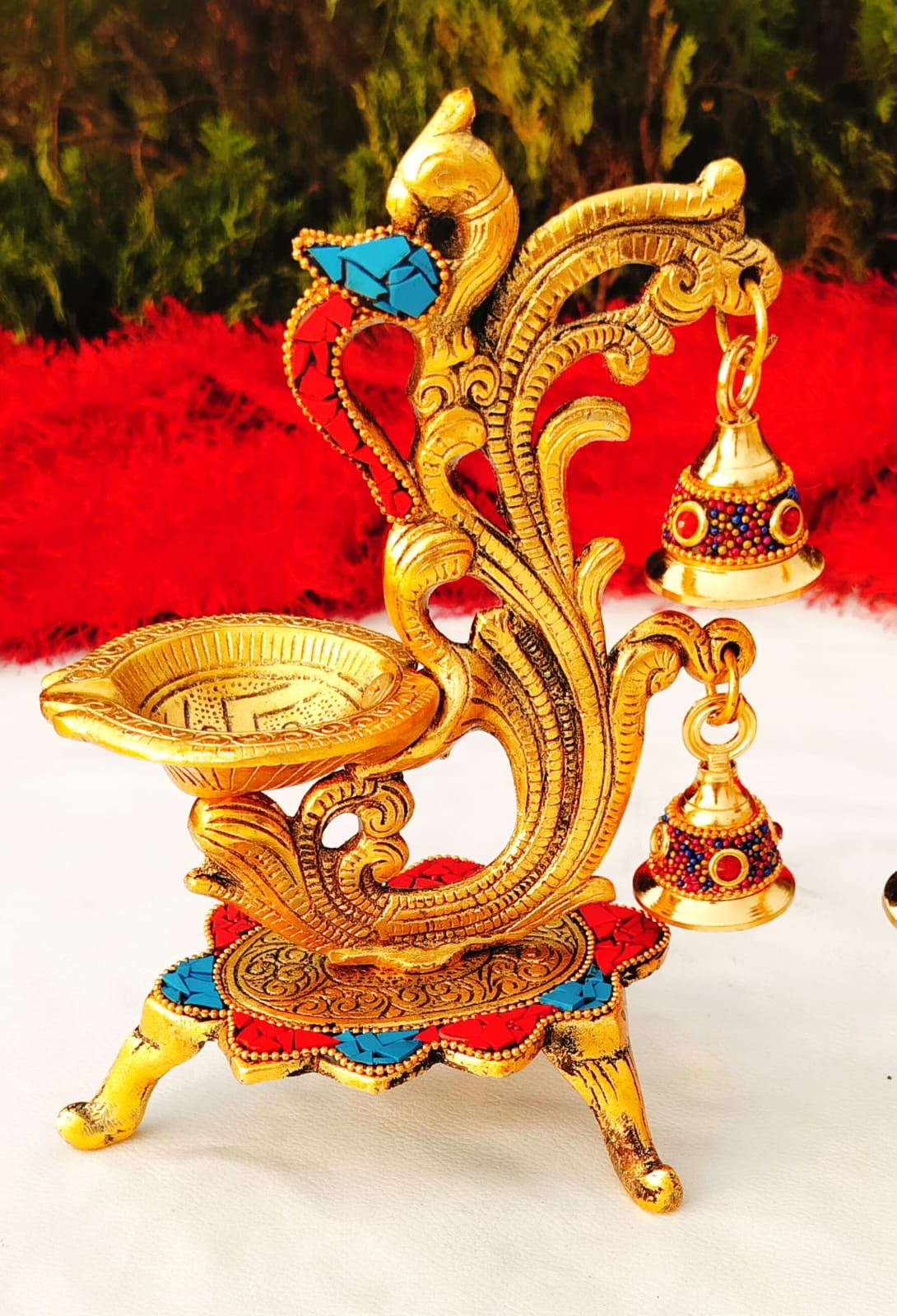 German Silver Peacock Diya Pair with hanging Bell ( Gold Plated)