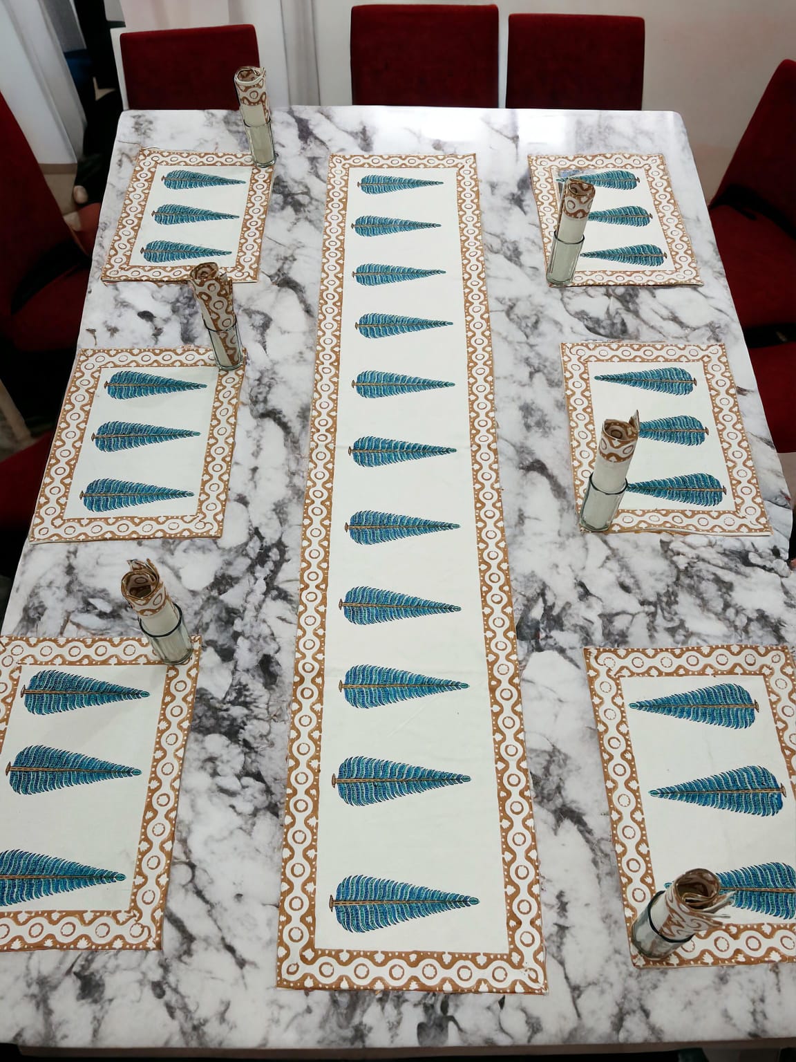 Artisanal Block Print Table Mats & Runner | Designer Cotton Table Mats with Runner - Upstyle Craft