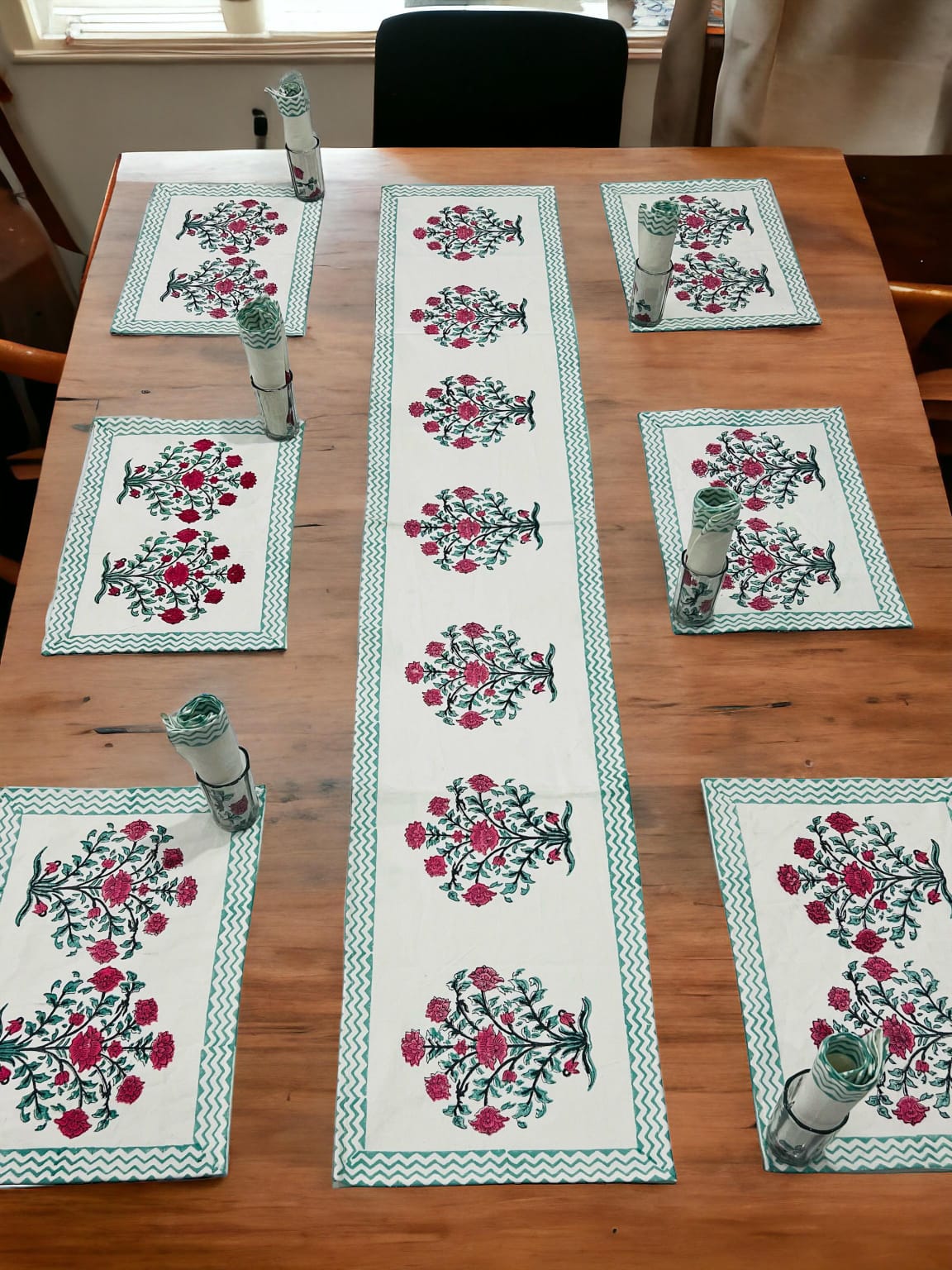 Artisanal Block Print Table Mats & Runner | Designer Cotton Table Mats with Runner - Upstyle Craft