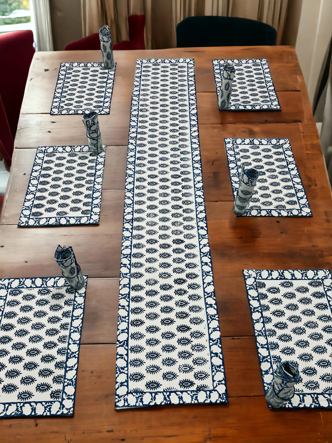 Artisanal Block Print Table Mats & Runner | Designer Cotton Table Mats with Runner - Upstyle Craft