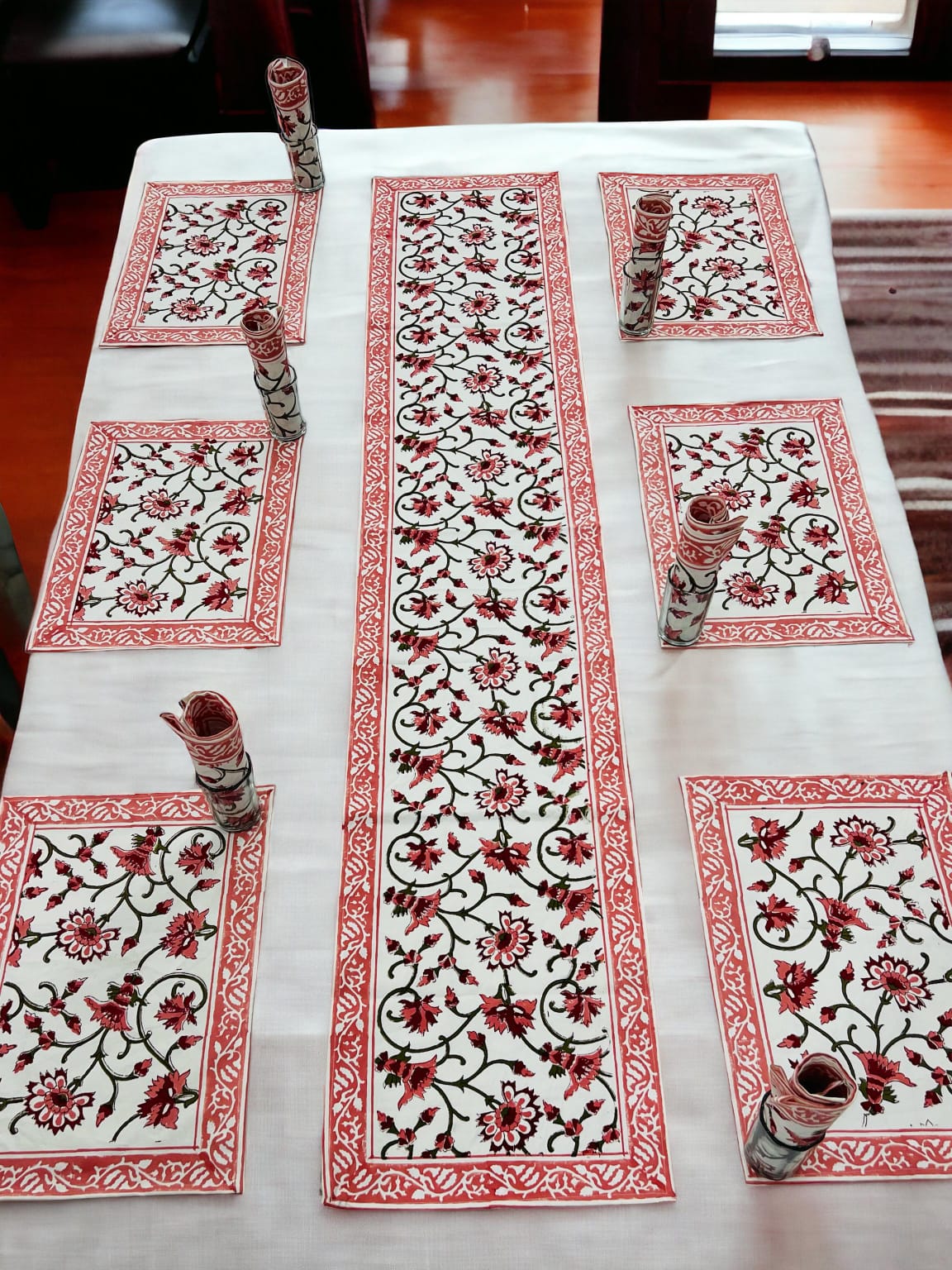 Artisanal Block Print Table Mats & Runner | Designer Cotton Table Mats with Runner - Upstyle Craft