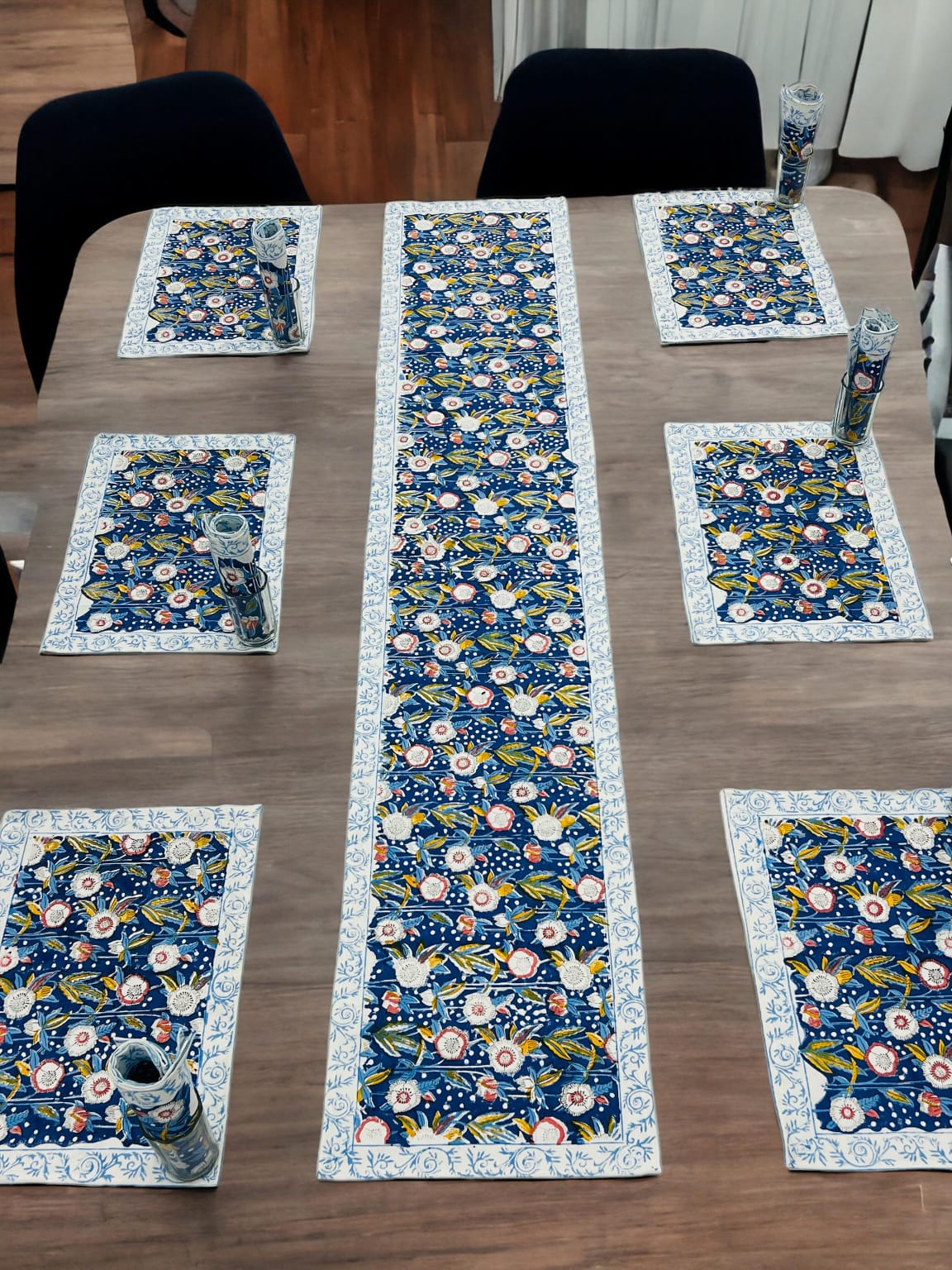 Artisanal Block Print Table Mats & Runner | Designer Cotton Table Mats with Runner - Upstyle Craft