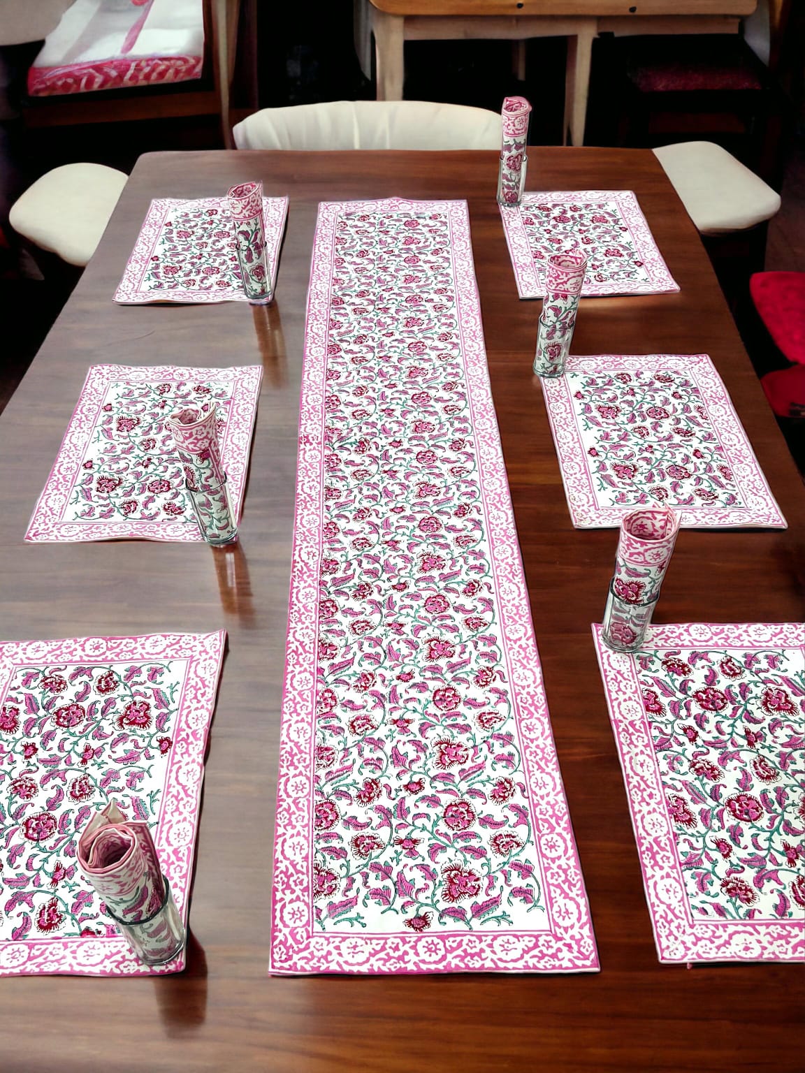 Artisanal Block Print Table Mats & Runner | Designer Cotton Table Mats with Runner - Upstyle Craft