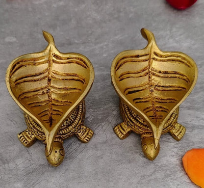 Brass Tortoise Diya | Tortoise & Leaf Brass Deepak (Set of 2)