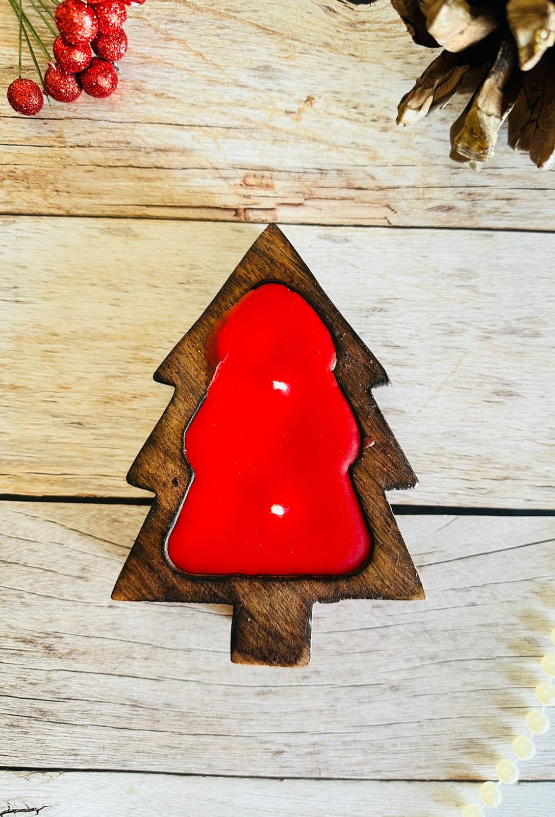 Christmas Tree Wooden Candle for christmas decor (Red)