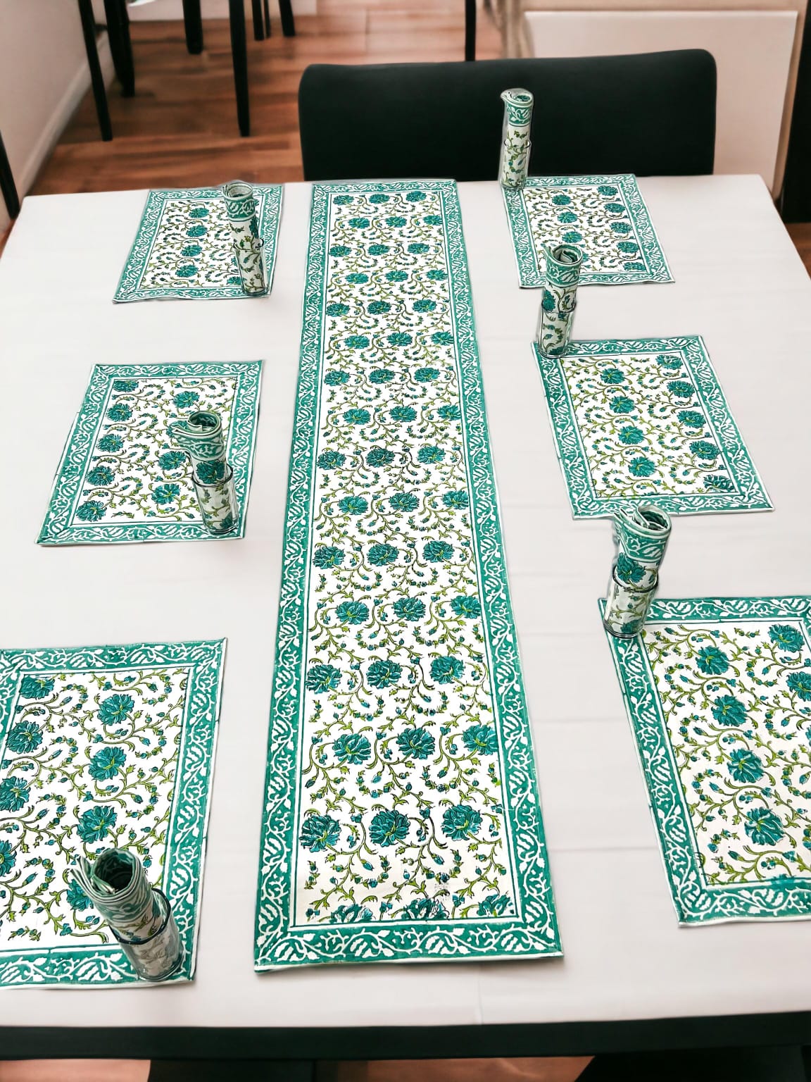 Cotton Table Placemats With Runner | Block Print Handmade Mats & Runner Set