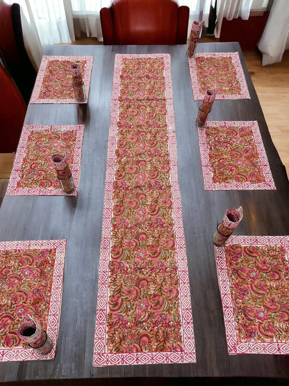 Cotton Table Placemats With Runner | Block Print Handmade Mats & Runner Set