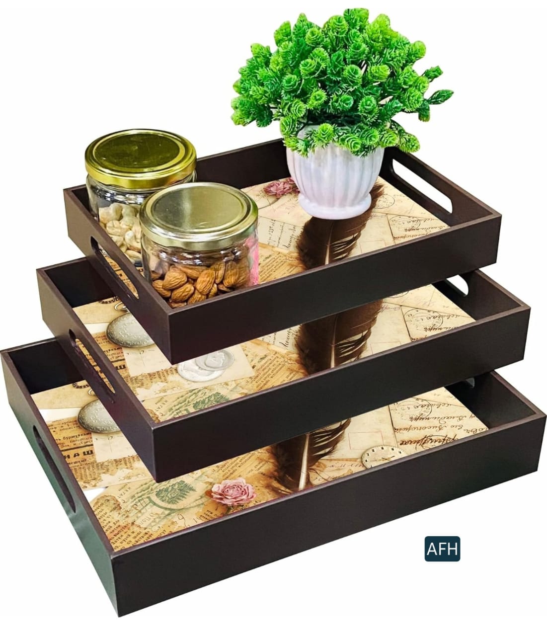 Designer Tray | Wooden Serving Tray | Latest Serving Tray (Set of 3)