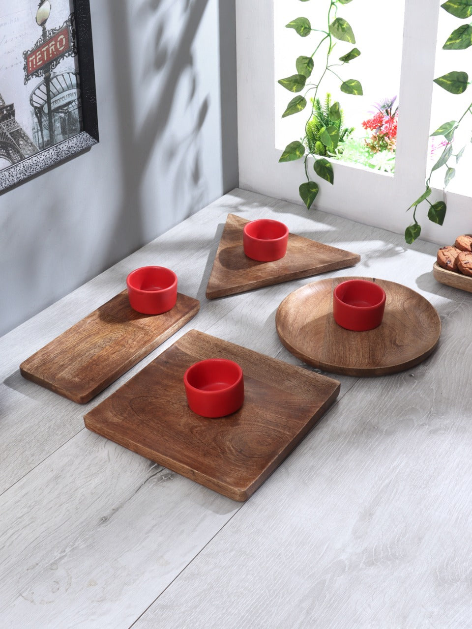 Geometrical Wooden Platter Set | Modern Serving Platter (Set of 4+4)
