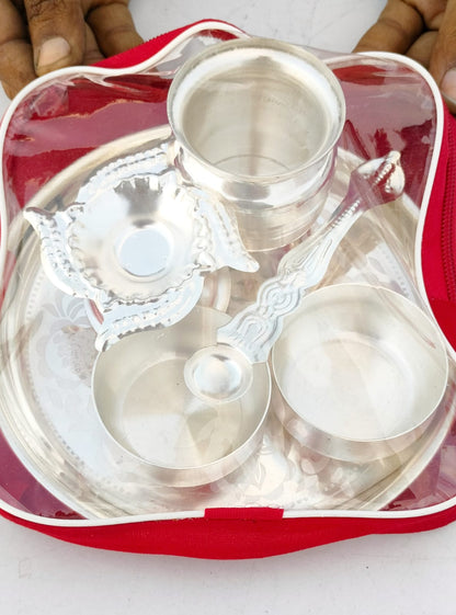 Engraved pooja Thali Set | Silver Plated Basic Pooja Thali
