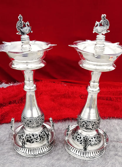 German Silver Peacock Diya Stand Pair For Pooja Room