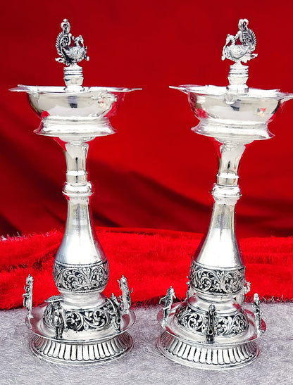 German Silver Peacock Diya Stand Pair