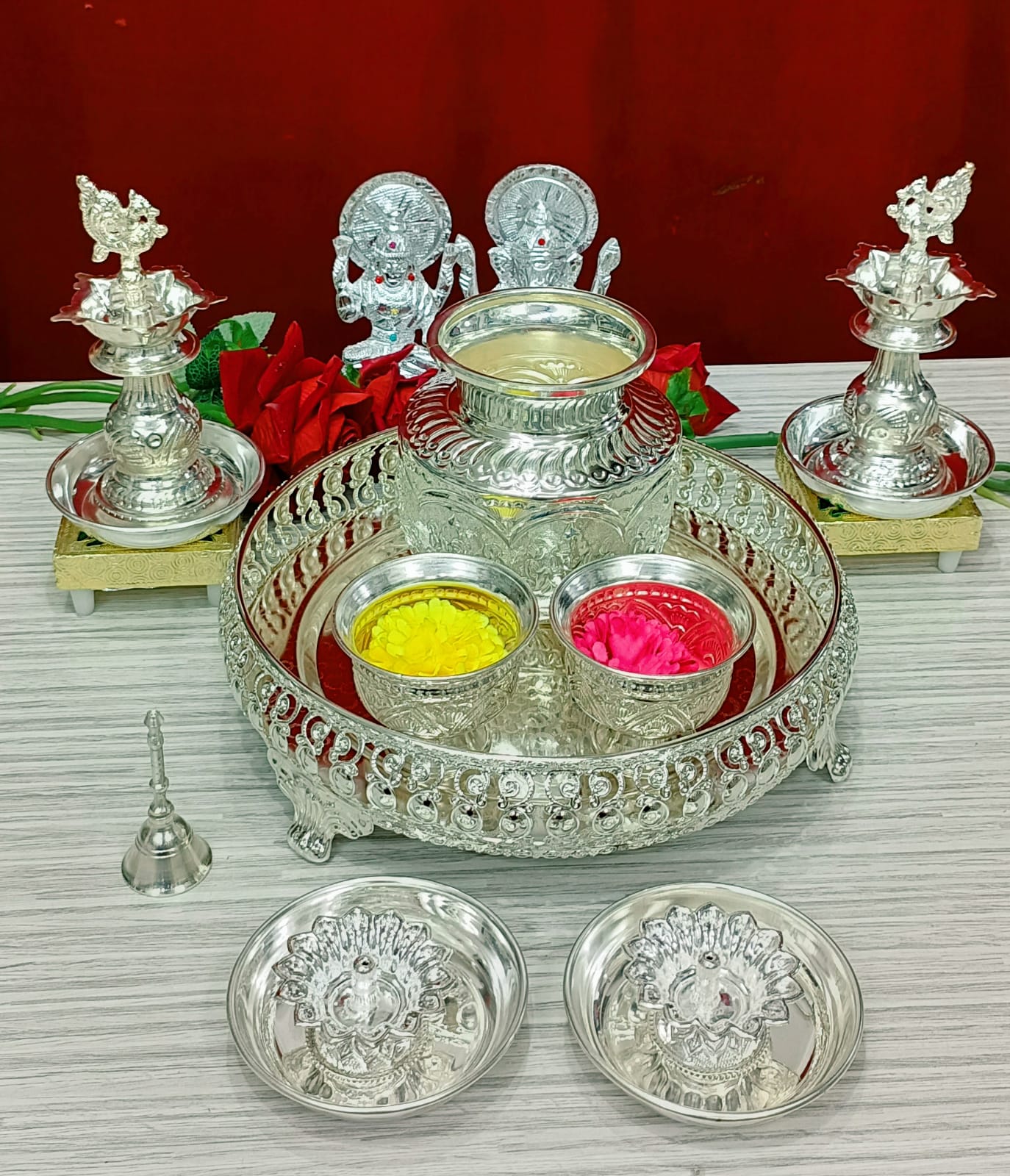 Exquisite Pooja Set with Mina Chowki | German Silver all in One Pooja Set