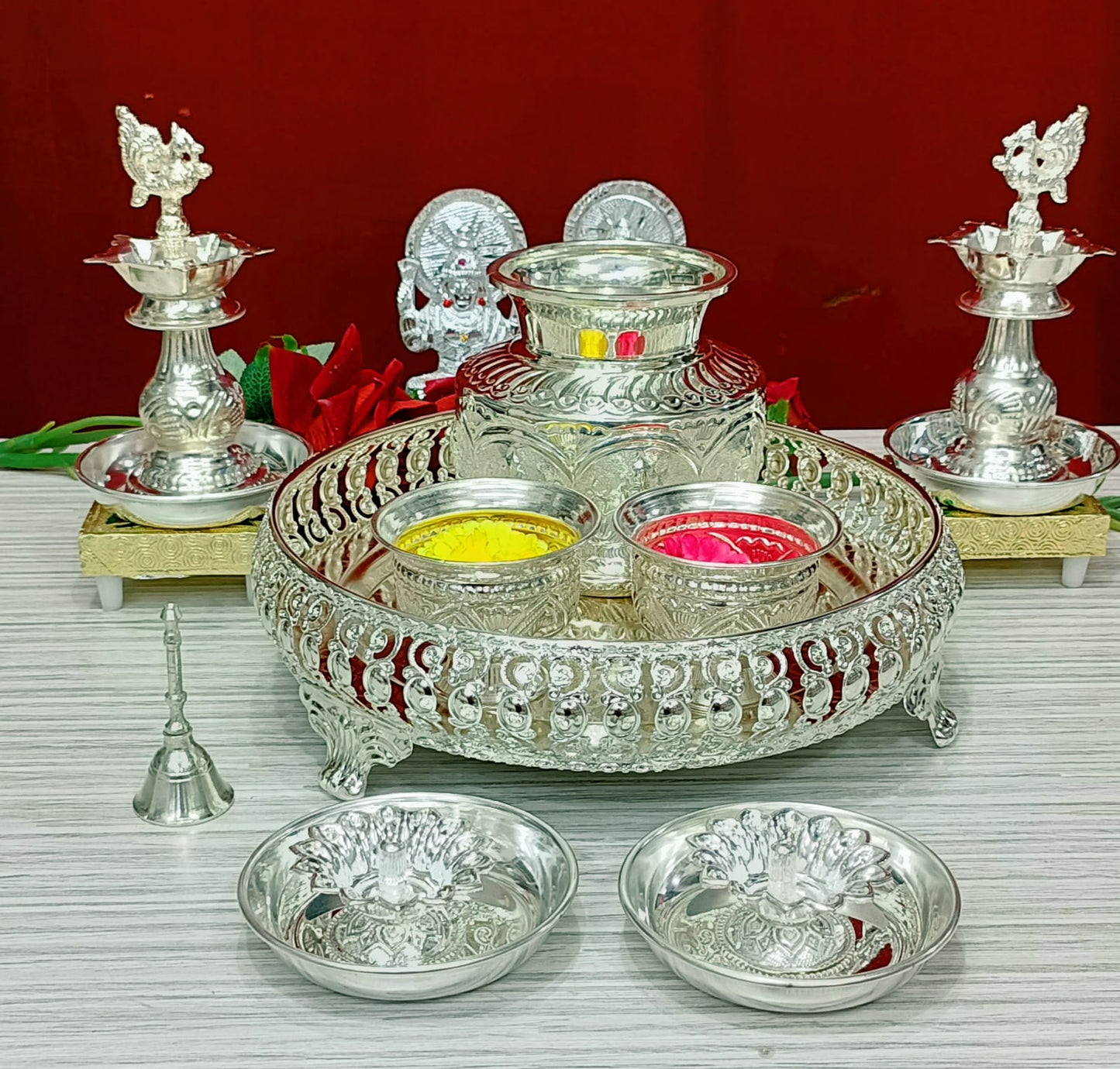 Exquisite Pooja Set with Mina Chowki | German Silver all in One Pooja Set