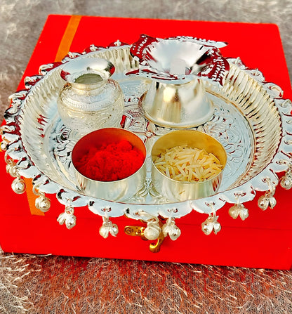 German Silver Pooja Thali Set With Ghungaroo