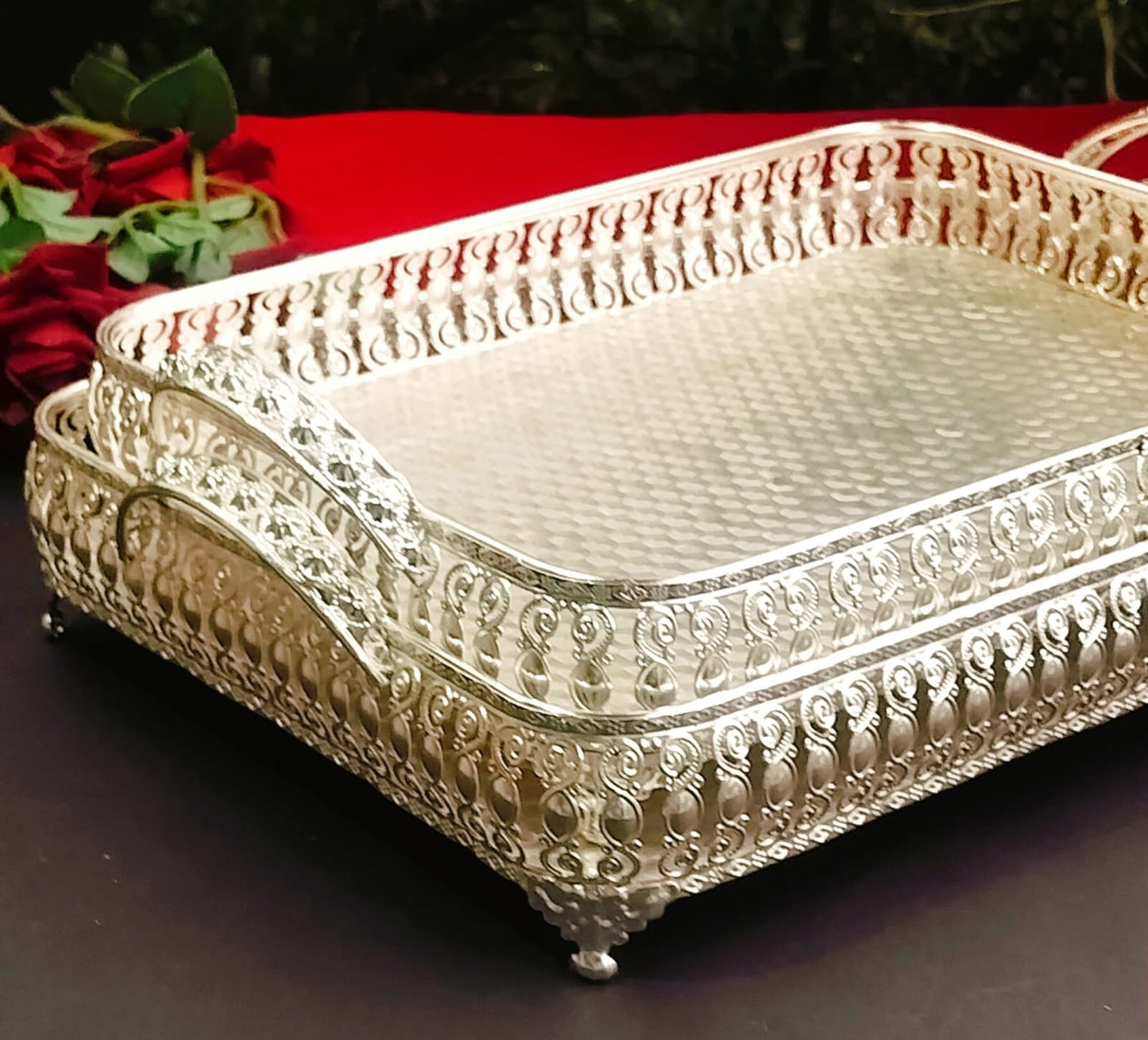 German Silver Rectangular Tray with Jali Work