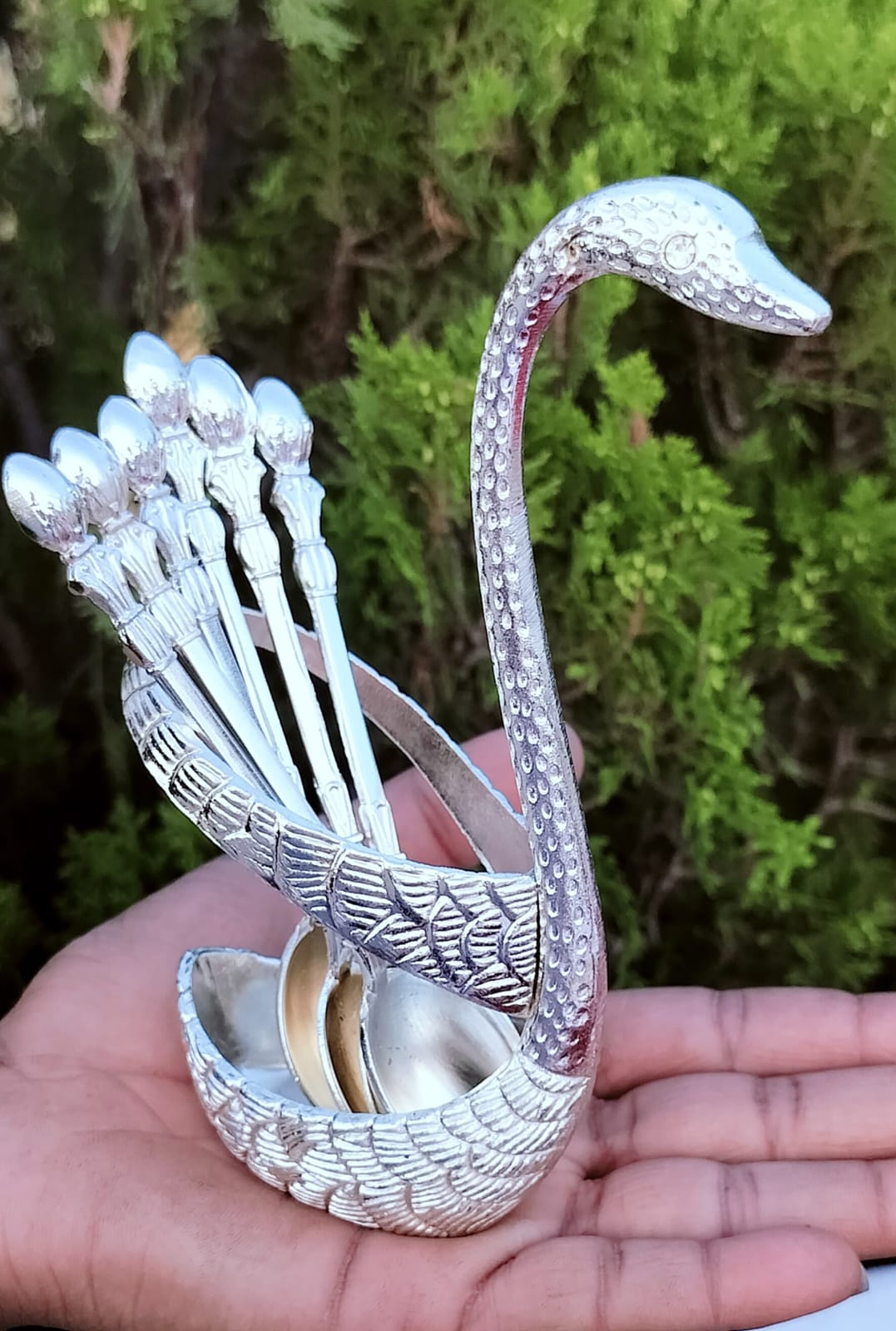 German Silver Spoons with Swan Holder