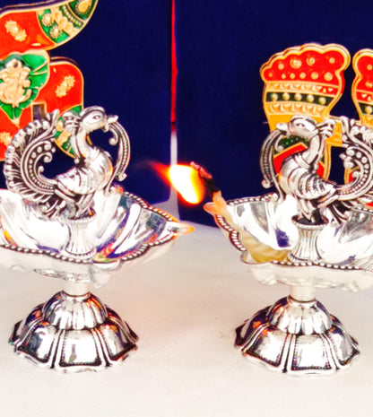 German Silver Peacock Diya (Set of 2)