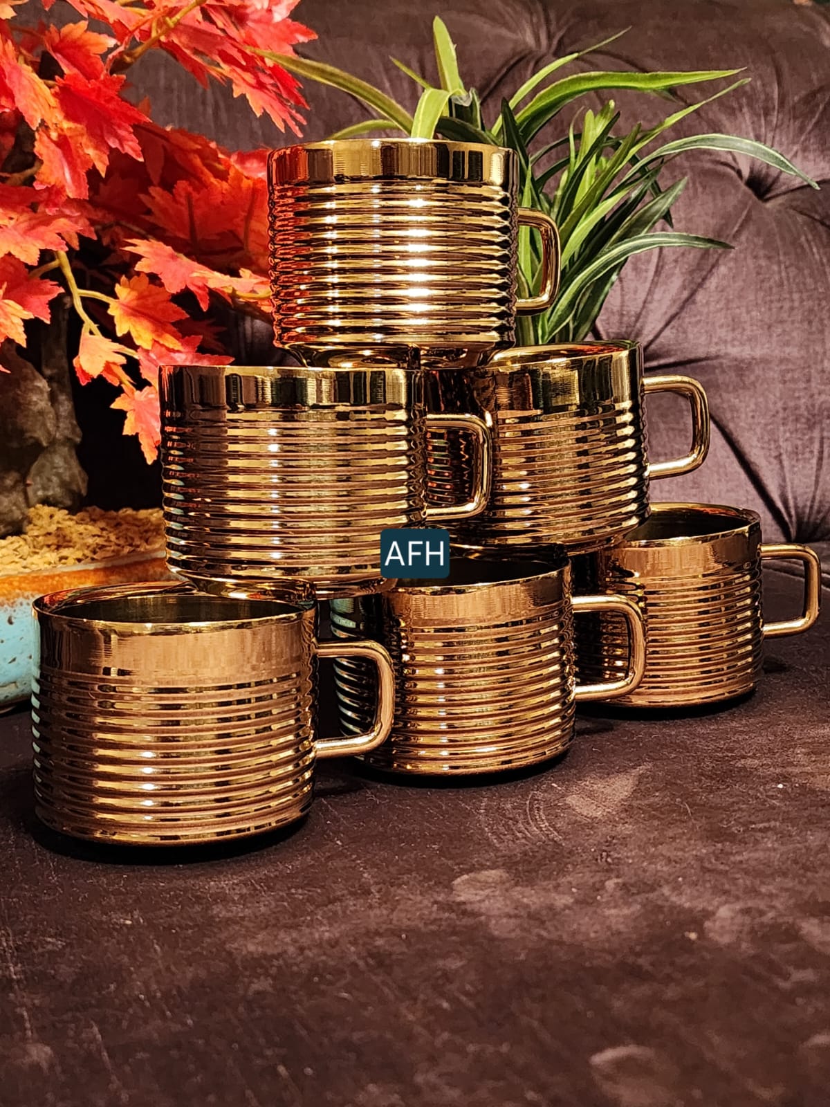 Gold-Plated Tea Cups | Hammered Cups in Stainless Steel (Set of 6)