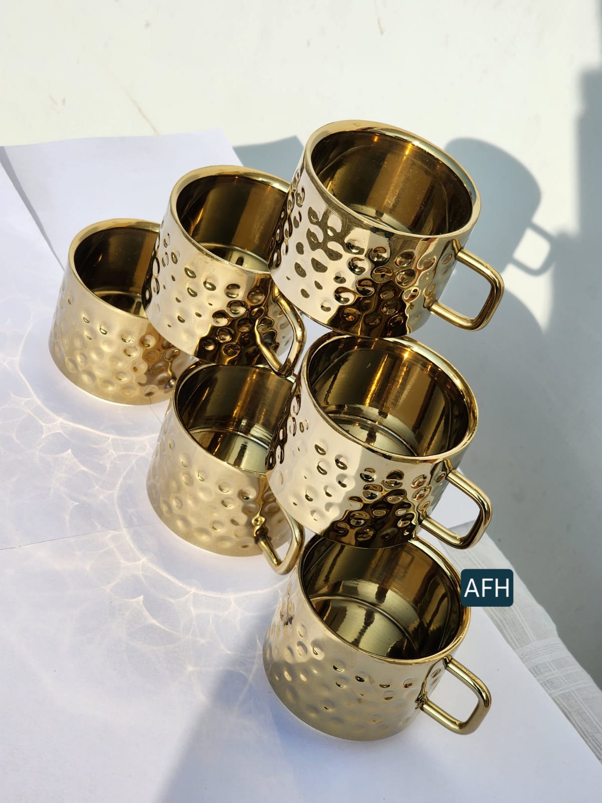 Gold-Plated Tea Cups | Hammered Cups in Stainless Steel (Set of 6)