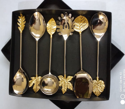 Golden Leaves Serving Cutlery Set | Designer Serving Spoon (Set of 6)