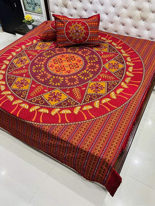 Kantha Work Pure Cotton Double Bedsheet With Pillow Covers