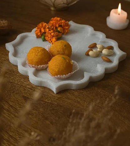 Floral Marble Tray | Marble Serving Tray | Marble Pooja Thali