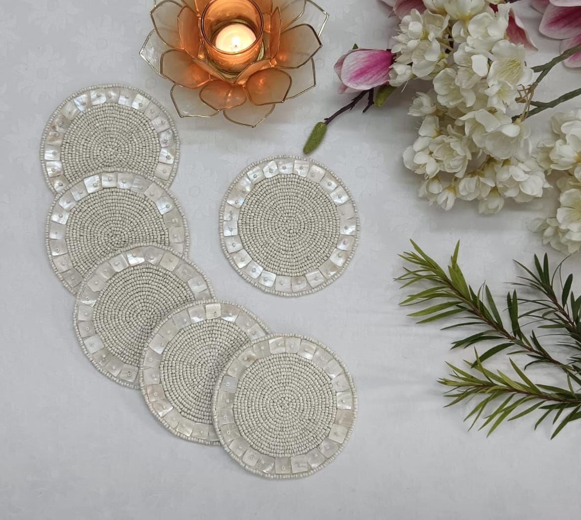 Mother of Pearl Shell Coasters with Glass Beads | Premium Coasters (Set of 6)