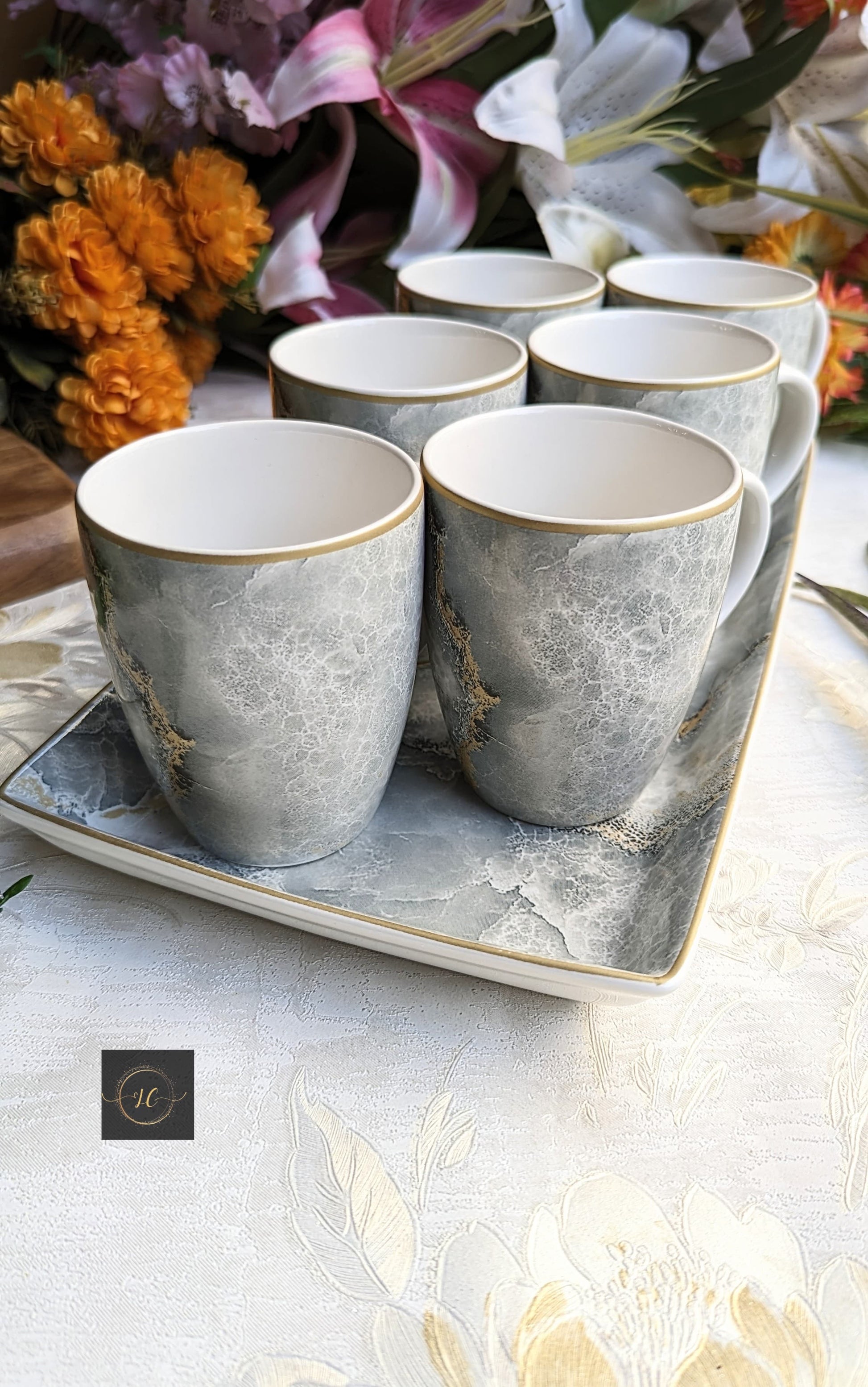 Porcelain Coffee Mugs With Tray ( Set of 6 + 1)