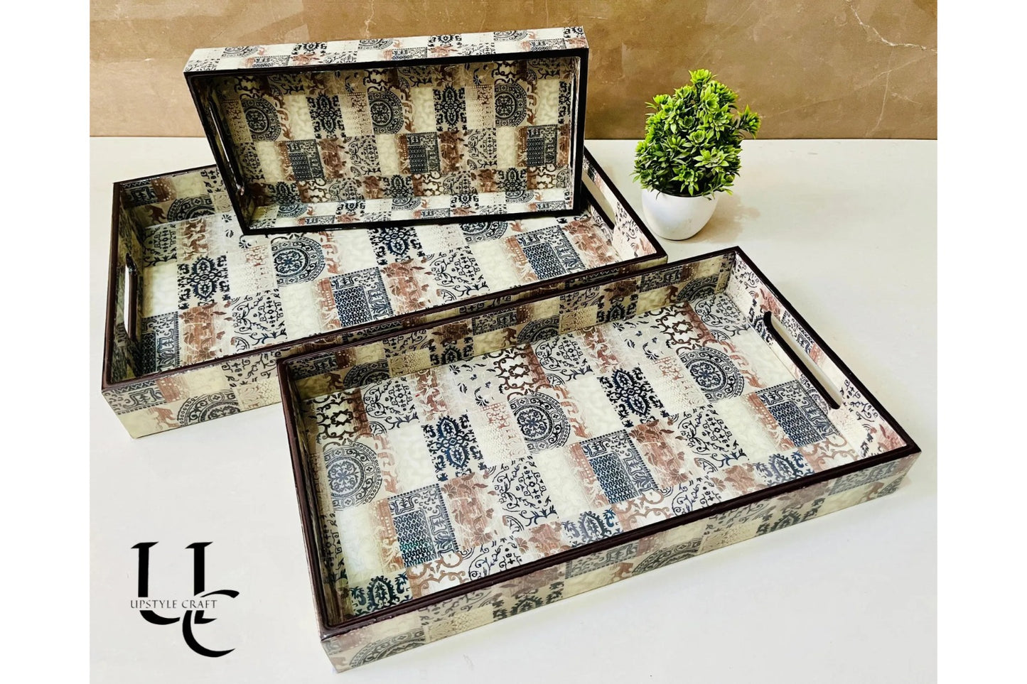 Rectangular Wooden Trays | Designer Printed Tray (Set of 3)