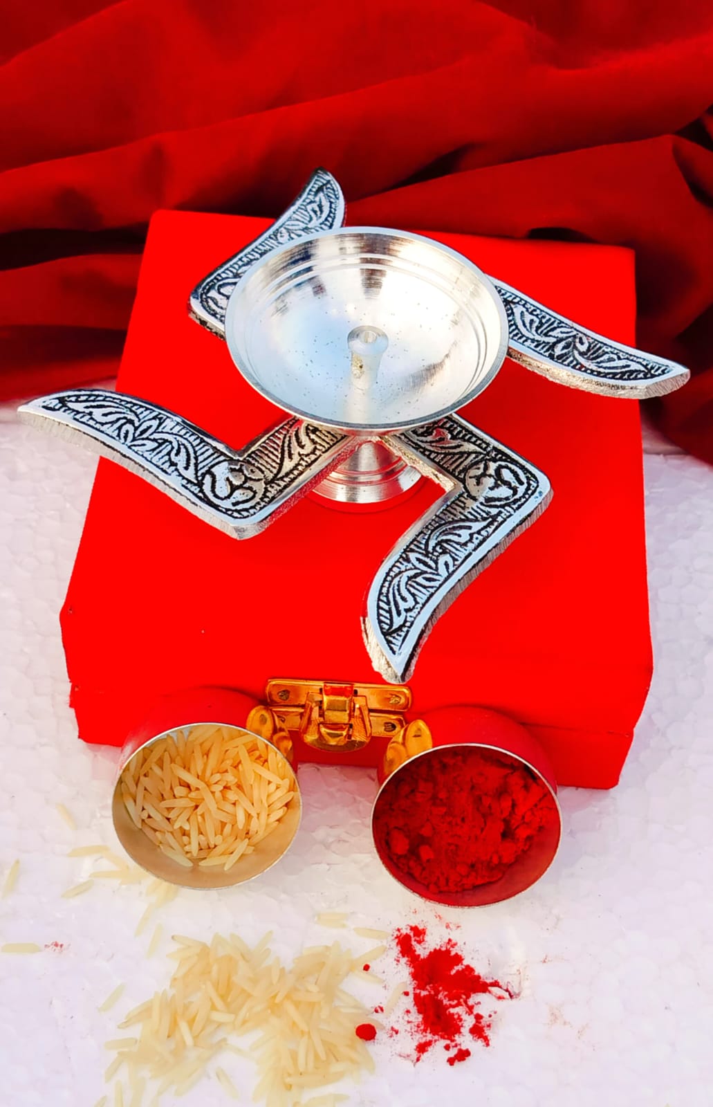 German Silver Swastik Diya & Bowl Set