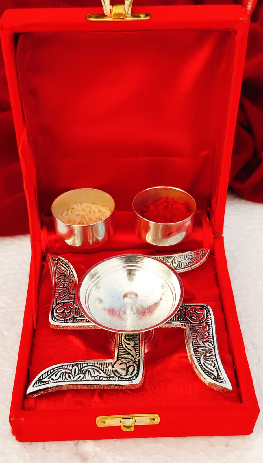 Exclusive German Silver Swastik Diya & Bowl Pooja Item